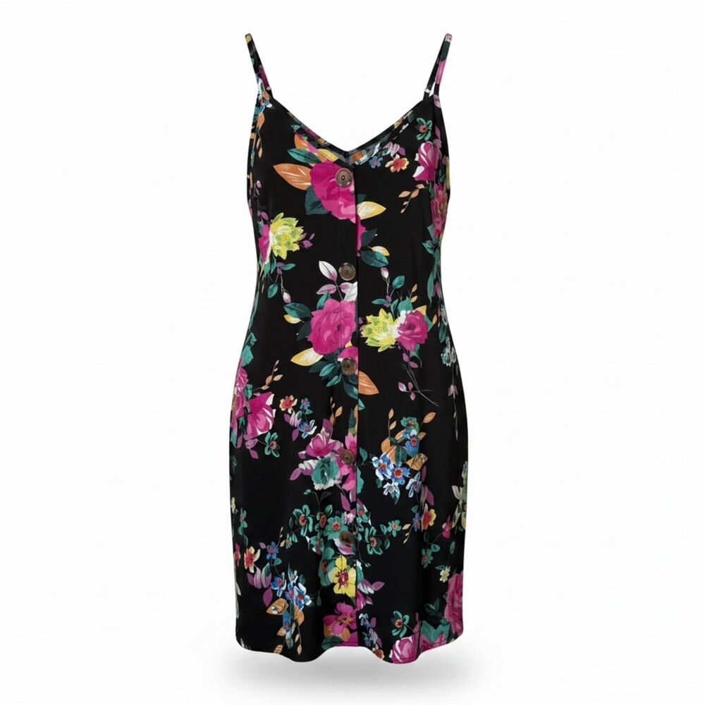 Floral Button Front Cami Dress V Neck Adjustable Strap Mini Size M